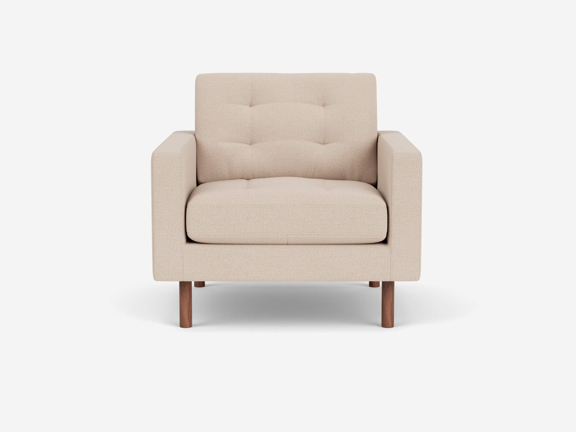 Front view of beige tufted chair with walnut legs